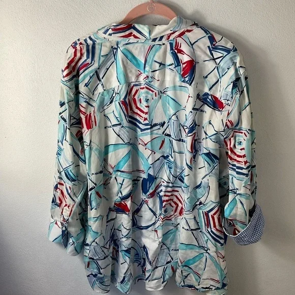 CHAPS No Iron/ Beach Nautical/ Patriotic/ Cuff Sleeve Button Down Blouse Sz XXL - Picture 2 of 4